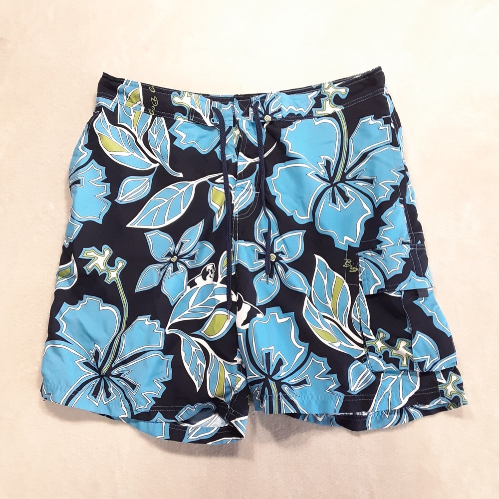 Vintage Big Dogs 90's Cargo Pocket Swim XL Navy Blue Floral Hawaiian Mesh Lined
